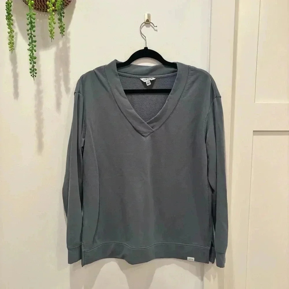 Orvis Womens Drop Shoulder V-neck Sweater Size Small Blue Grey Super Soft